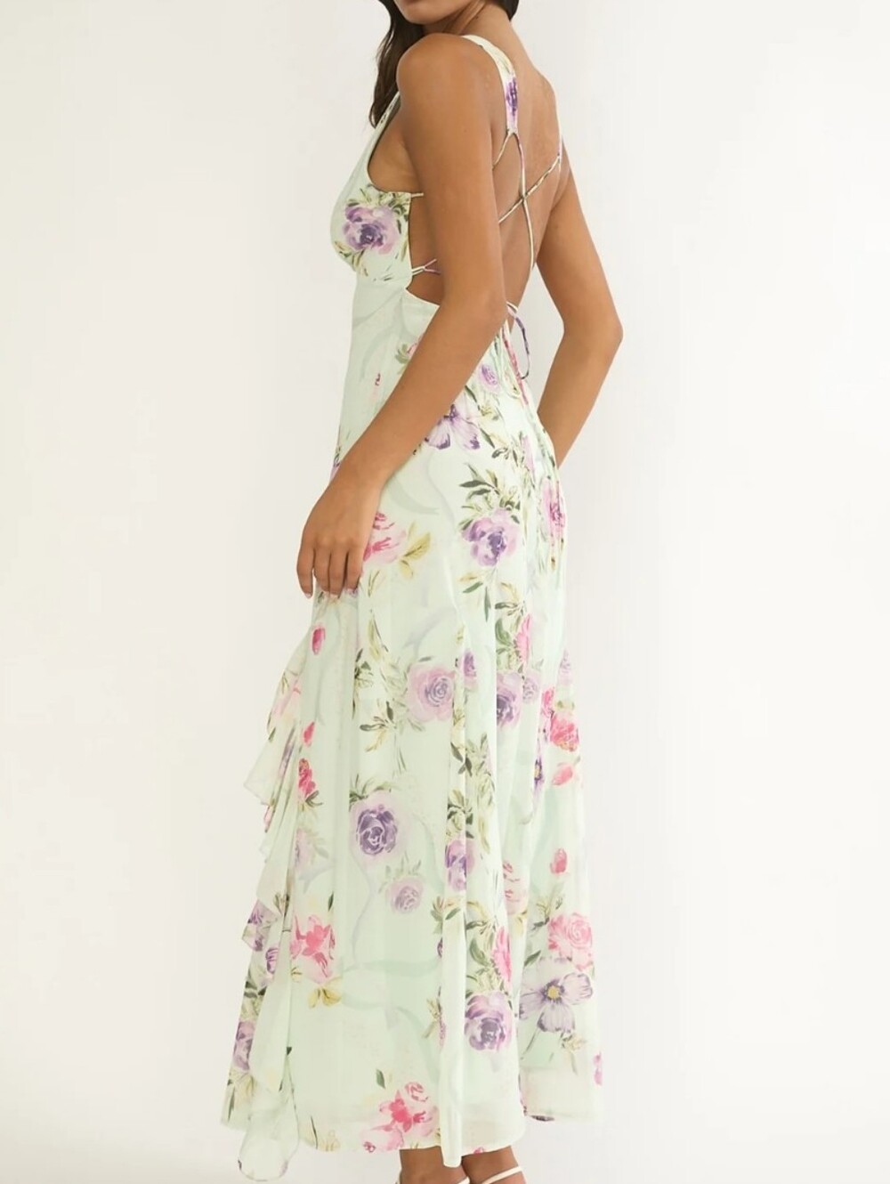 Mint Green Floral Ruffle Maxi Dress Strappy Back Romantic Garden Party Dress 8 - Picture 2 of 8
